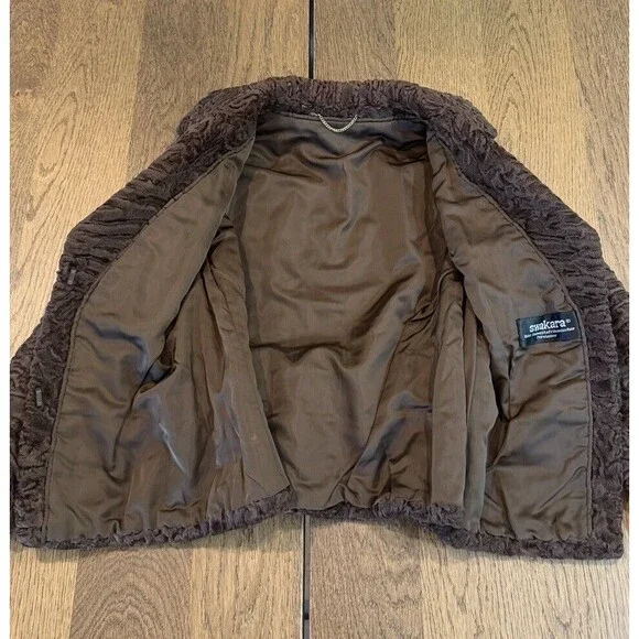 Swakara Karakul Persian Lamb Eco-Fur Coat Women’s S Brown Wood Buttons Buckle